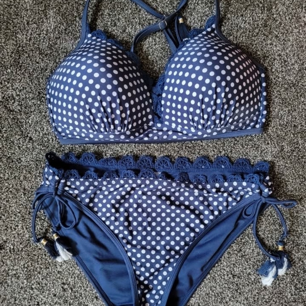 Navy Polka Dot Lace Trim Bikini Set
